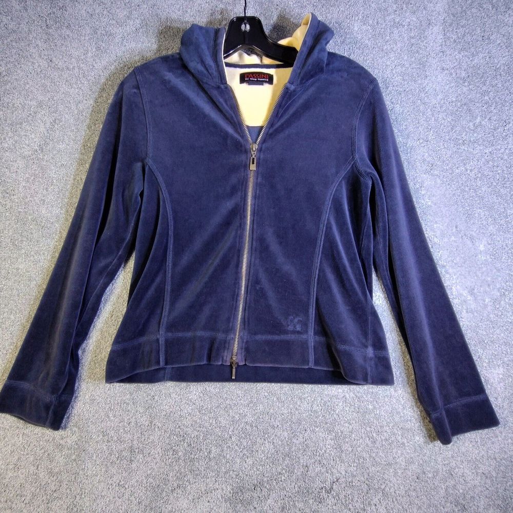 Oleg Cassini Womens Sweatshirt Blue S Long Sleeve Velour Full Zip Hooded